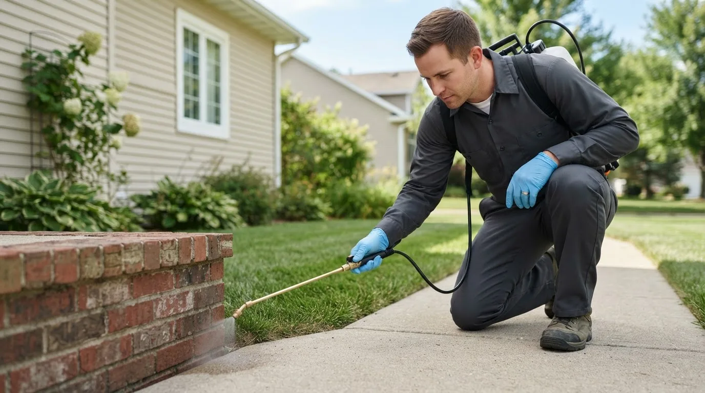 Pest control technician treating a home near Williamsville, IL