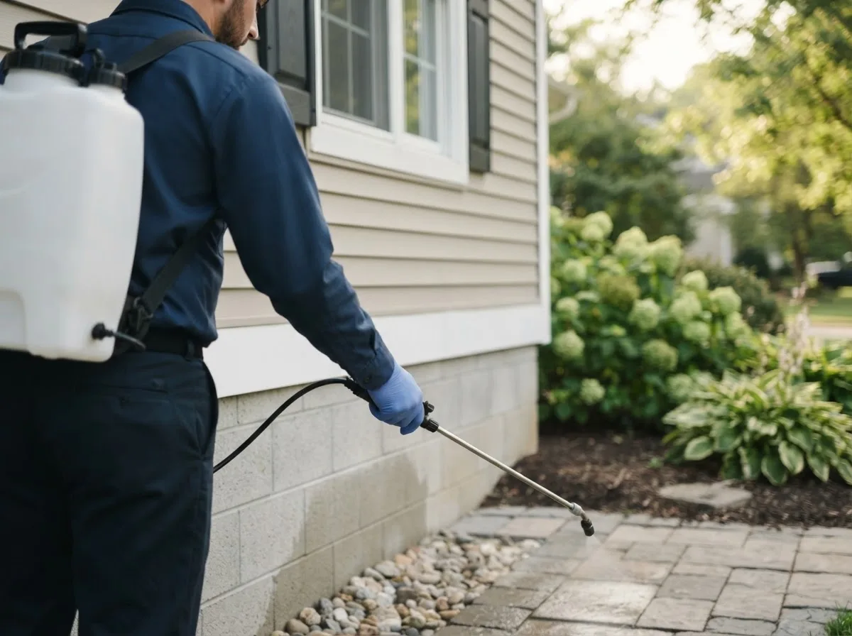 Pest control technician inspecting a home in Williamsville, IL